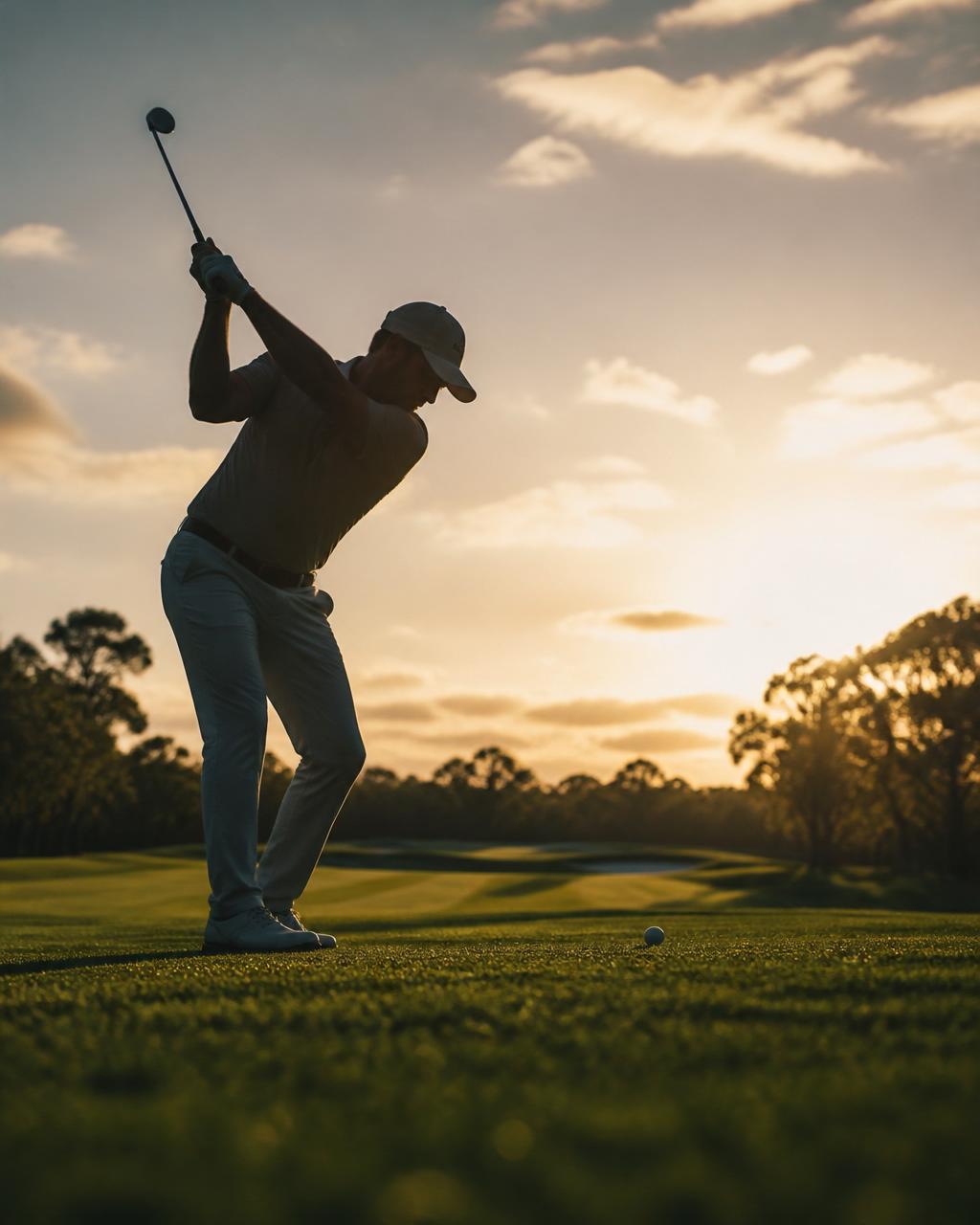 Golfer at the top of the backswing on a fairway at golden hour